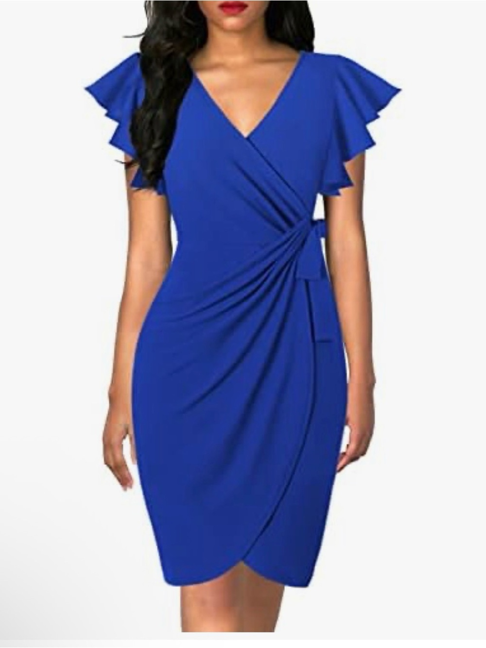 Blue Midi Wrap Dress with Flutter Sleeves size Large